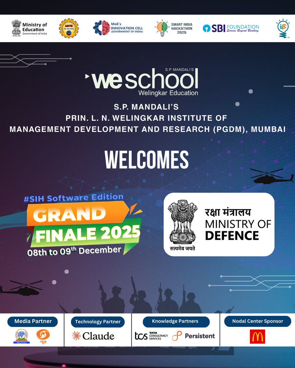 WeSchool proudly welcome the Ministry of Defense to the SIH 2025 Grand Finale where innovation meets national impact #SmartIndiaHackathon #SIH2025 #WeSchool #Welingkar #MinistryOfDefense #InnovationIndia #NationalFinale #DigitalIndia #TechForIndia #FutureOfInnovation #MakeInIndia