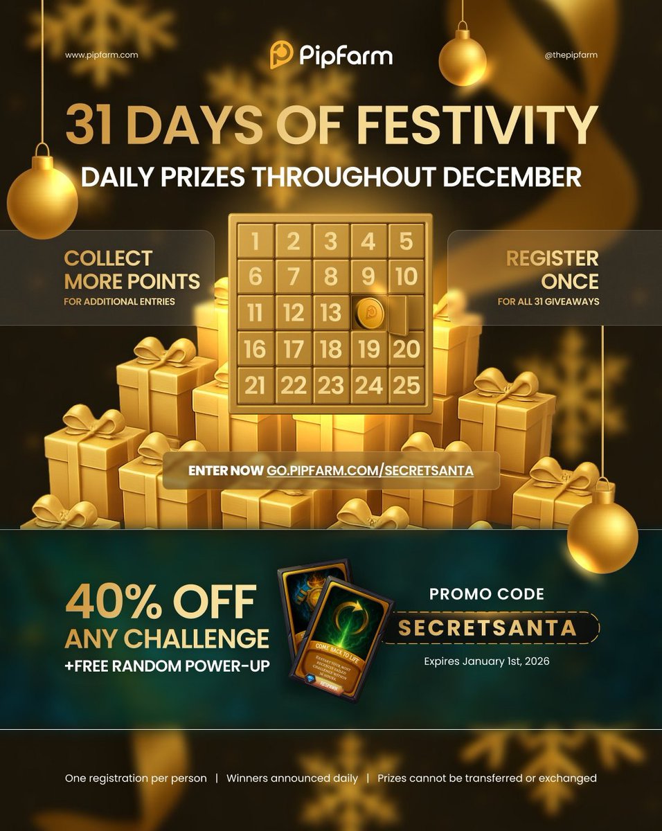 yoshiretails's tweet photo. 🎄 31 Days of Festivity has begun at PipFarm!
✨ More than 200 prizes this December!

Prizes range from GIFT vouchers, FREE accounts, XP, Power-Ups, add-ons and more 🎁
 all random, ALL month long.

Join here 👉  https://t.co/56ysbrrXl5

Traders already won a 3x50K Endurance Mode Challenge, 5x10K Classic Mode and 10x2.5K Instant Mode! 🎁
Every task you complete earns points… and every point is an entry into our daily prize draws.

And remember: keep checking the link daily for new ways to earn points…
🔥 You CAN win more than once.