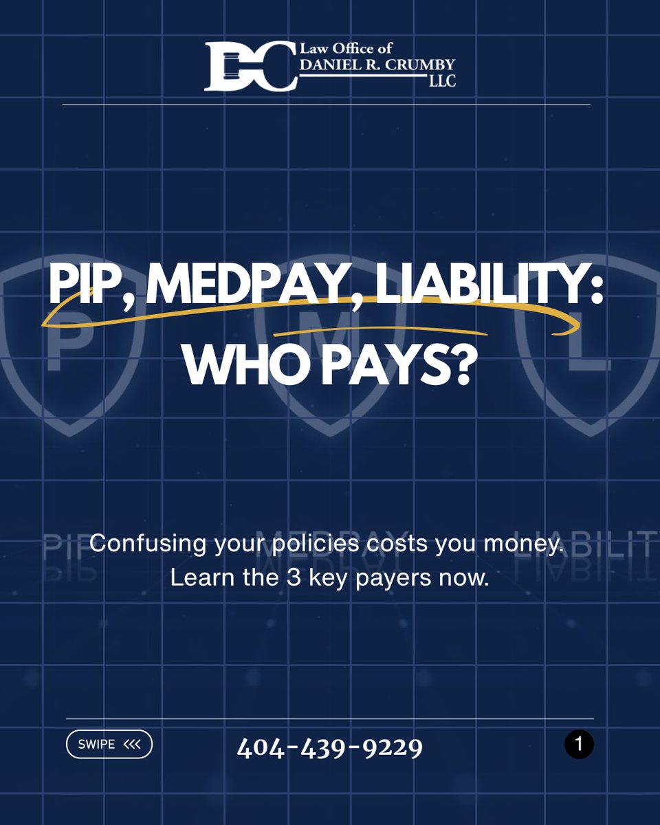 crumbylaw's tweet image. WHO PAYS? PIP, MEDPAY, LIABILITY. 
Confusing your policies costs you money after a crash. We break down the 3 key payers, so you keep your funds. Don't fight blind. 🛡️

Call us at 404-439-9229

#DanielCrumby #CrumbyLaw #InsuranceCoverage #PersonalInjuryLawyer #injurylawyer