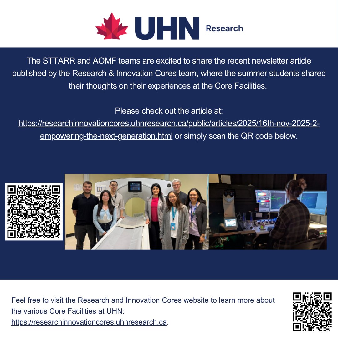 The STTARR and AOMF teams are excited to share the newsletter article published by the Research &amp; Innovation Cores team, which includes reflections from the summer students on their experiences at the Core Facilities.

researchinnovationcores.uhnresearch.ca/public/article…

<a href="/UHN_Research/">UHN Research</a>