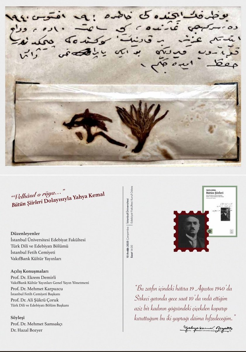 Bölümümüz öğretim üyelerinden Prof. Dr. Mehmet Samsakçı’nın (<a href="/MSamsakci/">Mehmet Samsakçı</a>) yayına hazırladığı "Yahya Kemal Bütün Şiirleri" kitabı hakkında konuşulacak. 

Fakültemiz Kurul Odası’nda, 10 Aralık Çarşamba günü saat 14.00’te. 
Katılımcılara bir de sürpriz var…