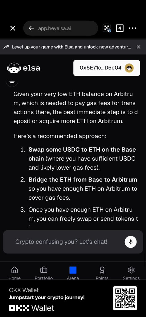 gElsa

 I  just opened my portfolio on <a href="/HeyElsaAI/">HeyElsa</a> and saw a small batch of USDC sitting on Arbitrum.
Simple goal: swap it into base

Easy… until the gas fee reminder hit me.
No ETH on Arbitrum = no transaction.
Typical chain moment.

Instead of guessing my way through it, I just