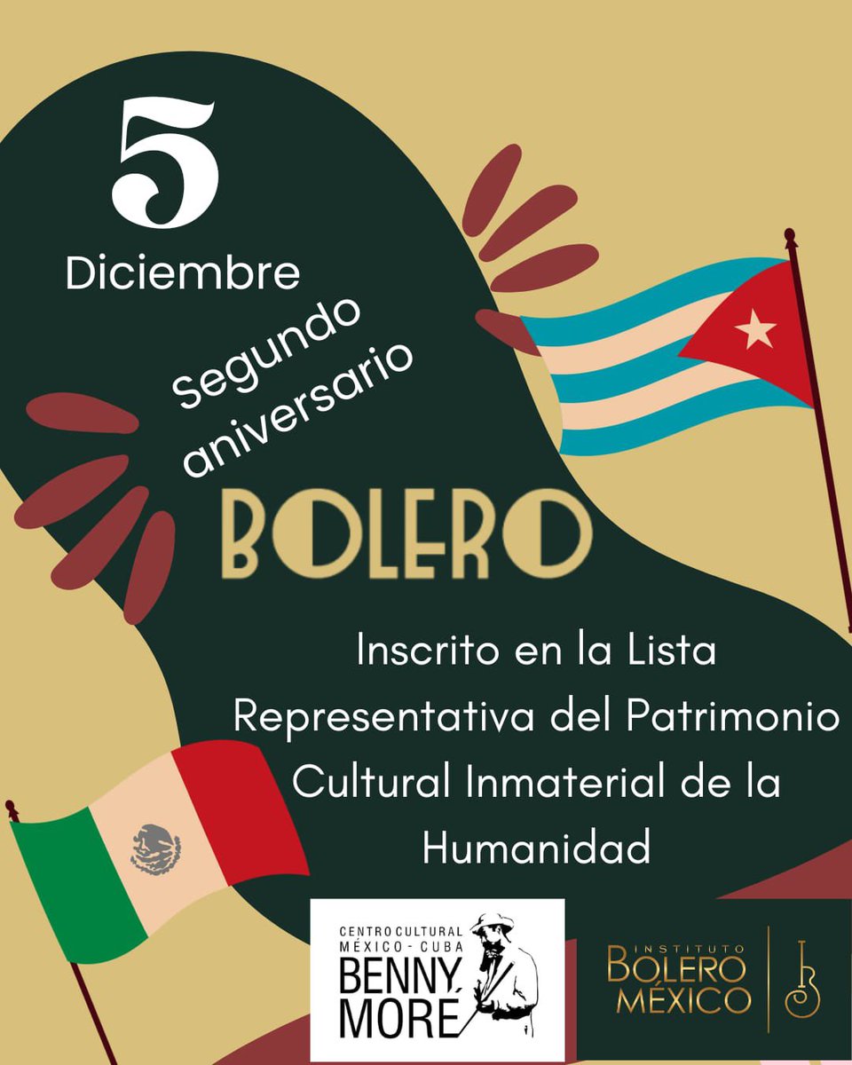 Hoy celebramos 2 años desde que el bolero fue inscrito en la Lista Representativa del Patrimonio Cultural Inmaterial de la Humanidad ante <a href="/UNESCO/">UNESCO 🏛️ #Education #Sciences #Culture 🇺🇳</a> 
Un logro fruto de años de trabajo, gestiones y sueños compartidos para darle a nuestra música un lugar eterno. Seguimos impulsando,