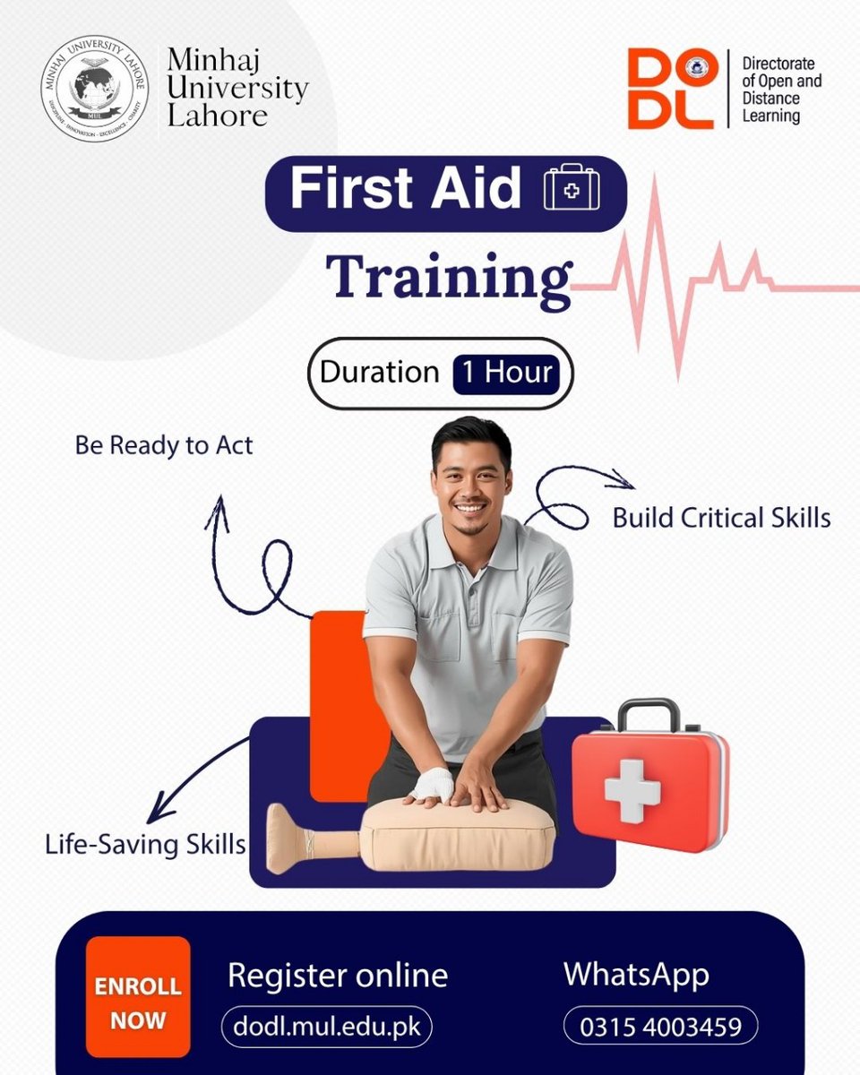 dodlmul's tweet photo. Dodl is offering a focused, 1-hour online session to give you essential life-saving skills &amp; the confidence to act in an emergency. Every second counts!
​➡️ Register Now: https://t.co/u6gFpwGGn4
📞 WhatsApp: 0315 4003459
​#FirstAid #FreeTraining #MinhajUniversity #LifeSavingSkill https://t.co/CzijIDf0hZ