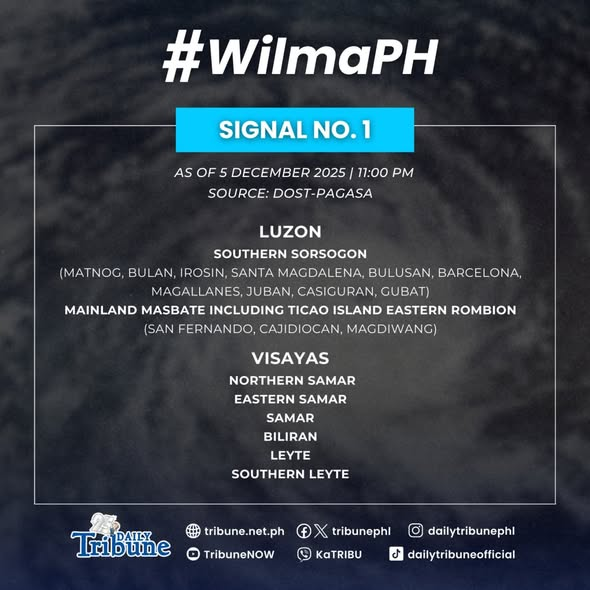 tribunephl's tweet image. WEATHER UPDATE: Wind Signal No. 1 is raised over the following areas due to Tropical Cyclone #WilmaPH, based on PAGASA’s 11 PM weather bulletin this Friday, 5 December 2025. 

#PAGASA #WeatherPH #WilmaPH #DailyTribune