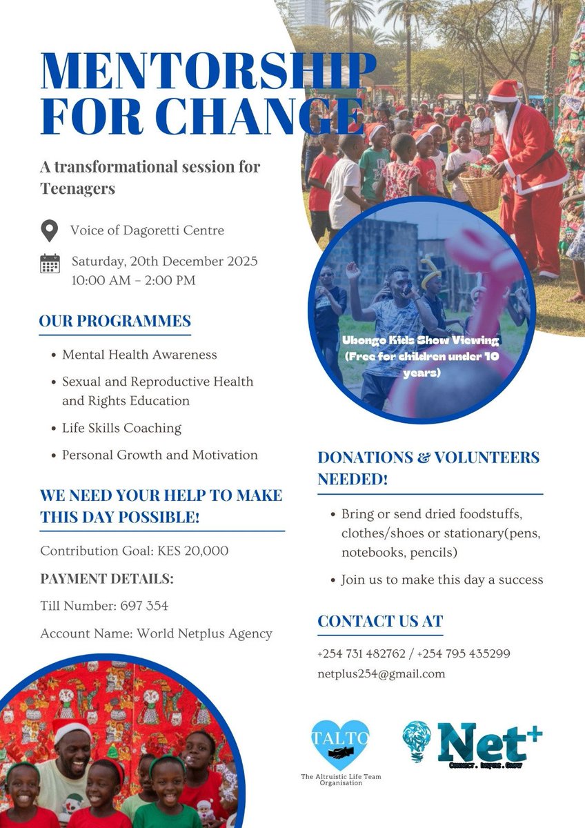 KenyaNetplus's tweet photo. We're excited to announce the start of our mentorship programme for teenagers on Saturday the 20th of December from 10am to 2pm and we need your help in doing so. Details are in the poster 
#Netpluske 
#WatotoWetuInitiative 
#MentorshipForChange https://t.co/F4vILa3Ihx