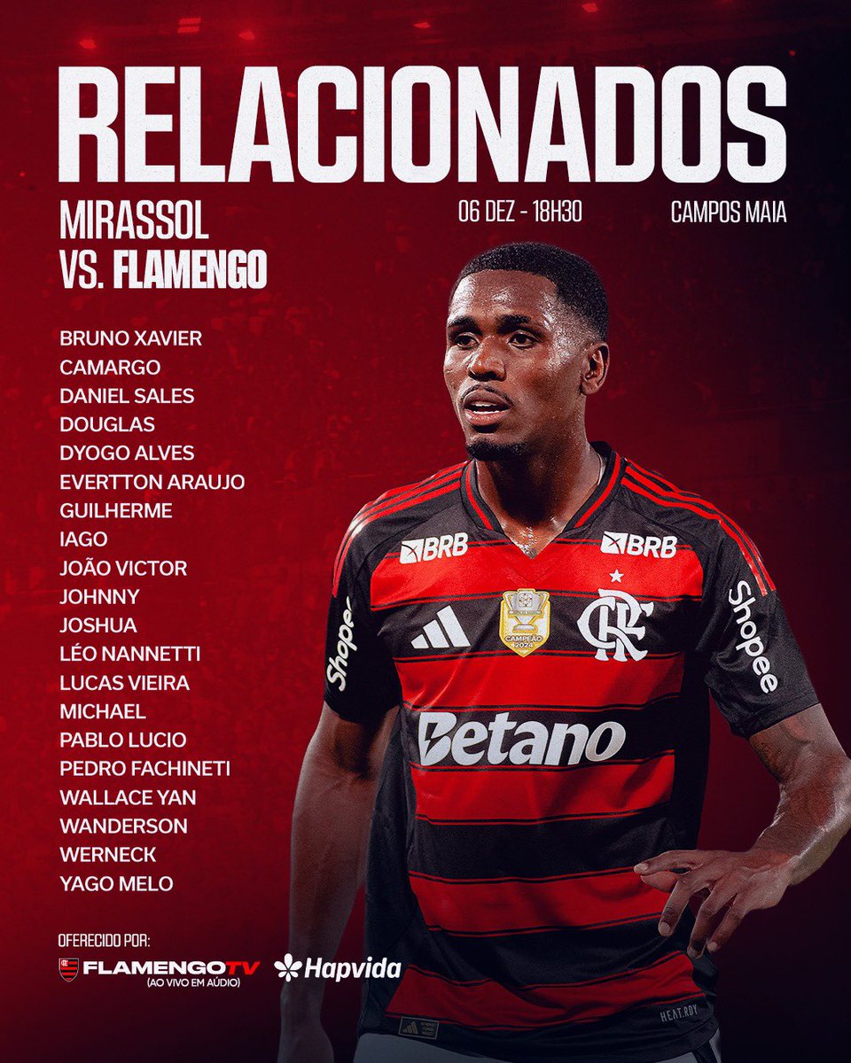 Flamengo's tweet photo. Confira os #relacionados do MENGÃO ENEACAMPEÃO para a última rodada do @brasileirao contra o Mirassol!

Dyogo Alves, Evertton Araujo, Michael e Wallace Yan viajam para Doha no domingo. https://t.co/MCjY6jcnK9
