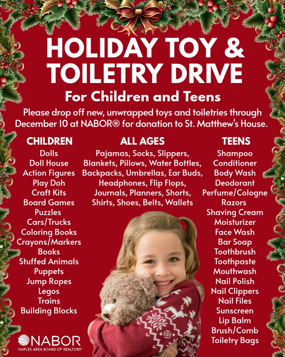 🎄 There’s still time to make a difference this holiday season!

NABOR® is collecting new, unwrapped toys and toiletries for children and teens — all benefiting @stMatthewsHouse