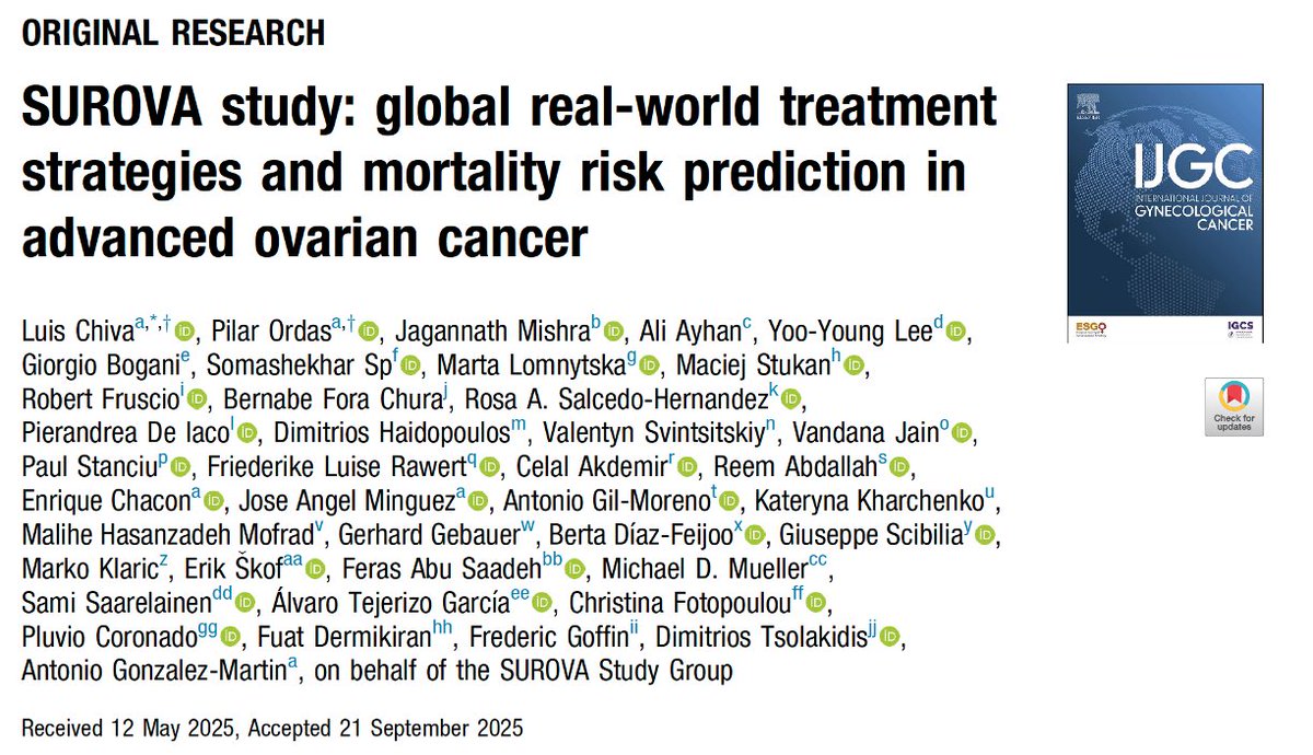 SUROVA has been selected as “Leader Article of the Month” at IJGC.
An extraordinary recognition for a project that unites centers across the world to improve outcomes in advanced ovarian cancer.
.
🔗 Article: authors.elsevier.com/a/1mDLi,NsLd2P…