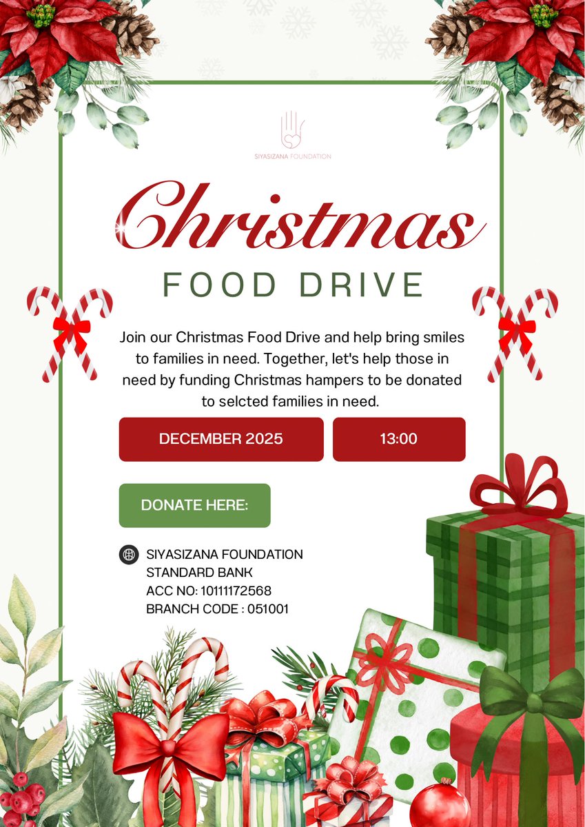 siyasizanaNPO's tweet photo. Christmas time has arrived and in the true spirit of sharing and love, we are requesting you to donate so families are not without this festive season🎄. Please donate to the noted account, all funds will be used for the Christmas hampers 🙏🏾 #siyasizanafoundationchristmasdrive https://t.co/p4S8nNoe2F