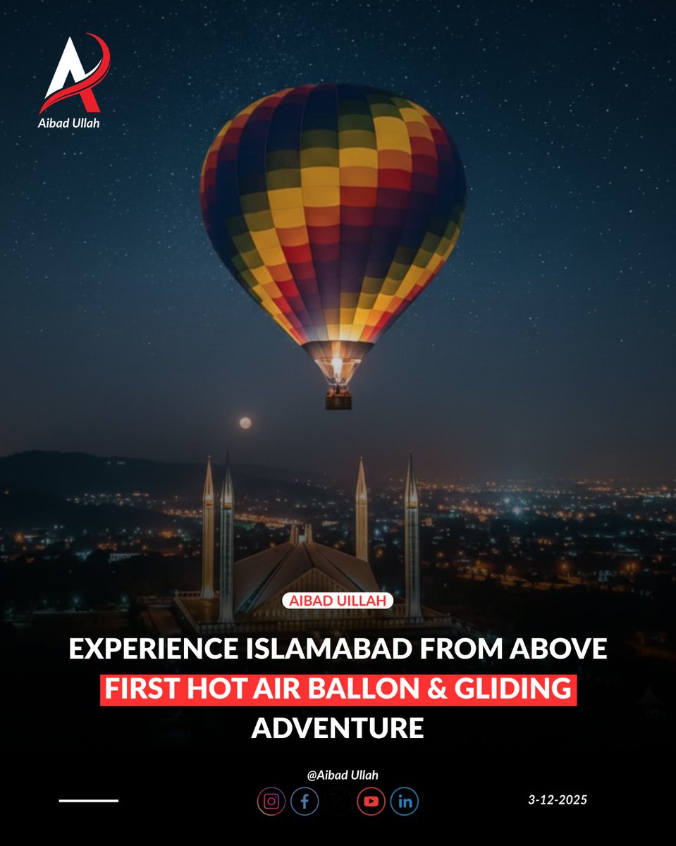 AibadVlogs's tweet photo. FIRST HOT AIR BALLOON &amp; GLIDING ADVENTURE IS HERE! 🇵🇰

Experience Islamabad from a whole new elevation. From sunrise views to starlit flights over the breathtaking Faisal Mosque, adventure awaits! Tag a friend who needs to see Pakistan like this!

#PakistanTourism #Islamabad https://t.co/ZB8MB2wV3T