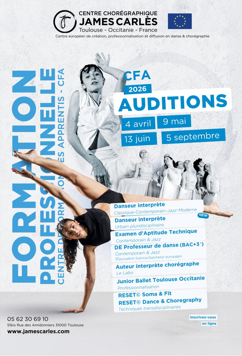 [FORMATION PROFESSIONNELLE] Auditions 2026
Les inscriptions aux auditions démarrent dès à présent ✨ Notre centre propose des formations pour devenir :
 
 Dates des auditions en 2026 :
• 4 avril
• 9 mai
• 13 juin
• 5 septembre
Inscriptions : jamescarles.com/formation-prof…