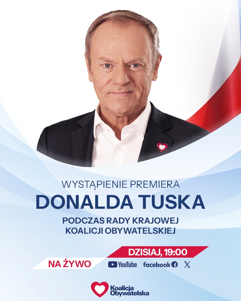 ⏰ Wystąpienie Premiera Donalda Tuska podczas Rady Krajowej Koalicji Obywatelskiej już za godzinę. 

🔴 Oglądajcie na żywo i bądźcie z nami❗️