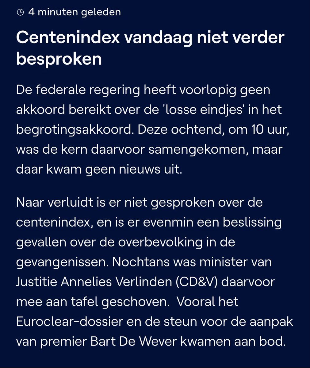 We zijn elf dagen verder en de regering van premier <a href="/Bart_DeWever/">Bart De Wever</a> geraakt er nog altijd niet uit met hun geplande #indexdiefstal. 

Het enige wat overeind blijft: de intentie om aan de centen van 1,3 miljoen hardwerkende mensen te zitten. Ze hebben alleen geen idee hoe… (1/2)