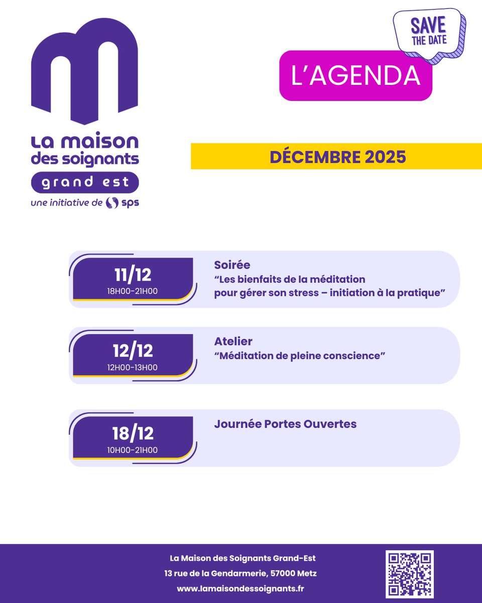 🔎 #SaveTheDate pour l'agenda des évènements de la Maison des Soignants Grand Est à #Metz de Décembre 2025
💡 Prenez soin de vous, inscrivez-vous sans tarder !
🔗  : lamaisondessoignants.fr/vos-maisons/gr…

#soignants #étudiantsensanté #santémentale #mieuxetre #préventionsanté