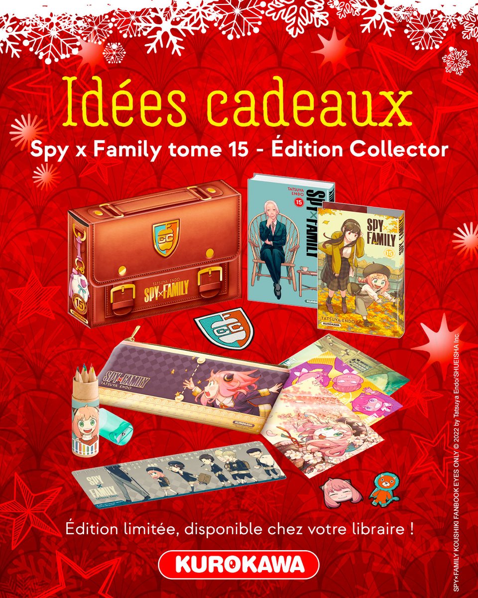 Kurokawa's tweet image. IDÉE CADEAU 🎁 Le collector SPY x FAMILY 💎

📌 le tome 15 et sa jaquette alternative 📓
📌 une trousse + un lot de crayons + une règle 📏
📌 2 pin's + un écusson en tissus 🛡
📌 3 ex-libris effet métallisé ✨

Le tout dans un joli coffret en forme de cartable, 29,99€ 🎒