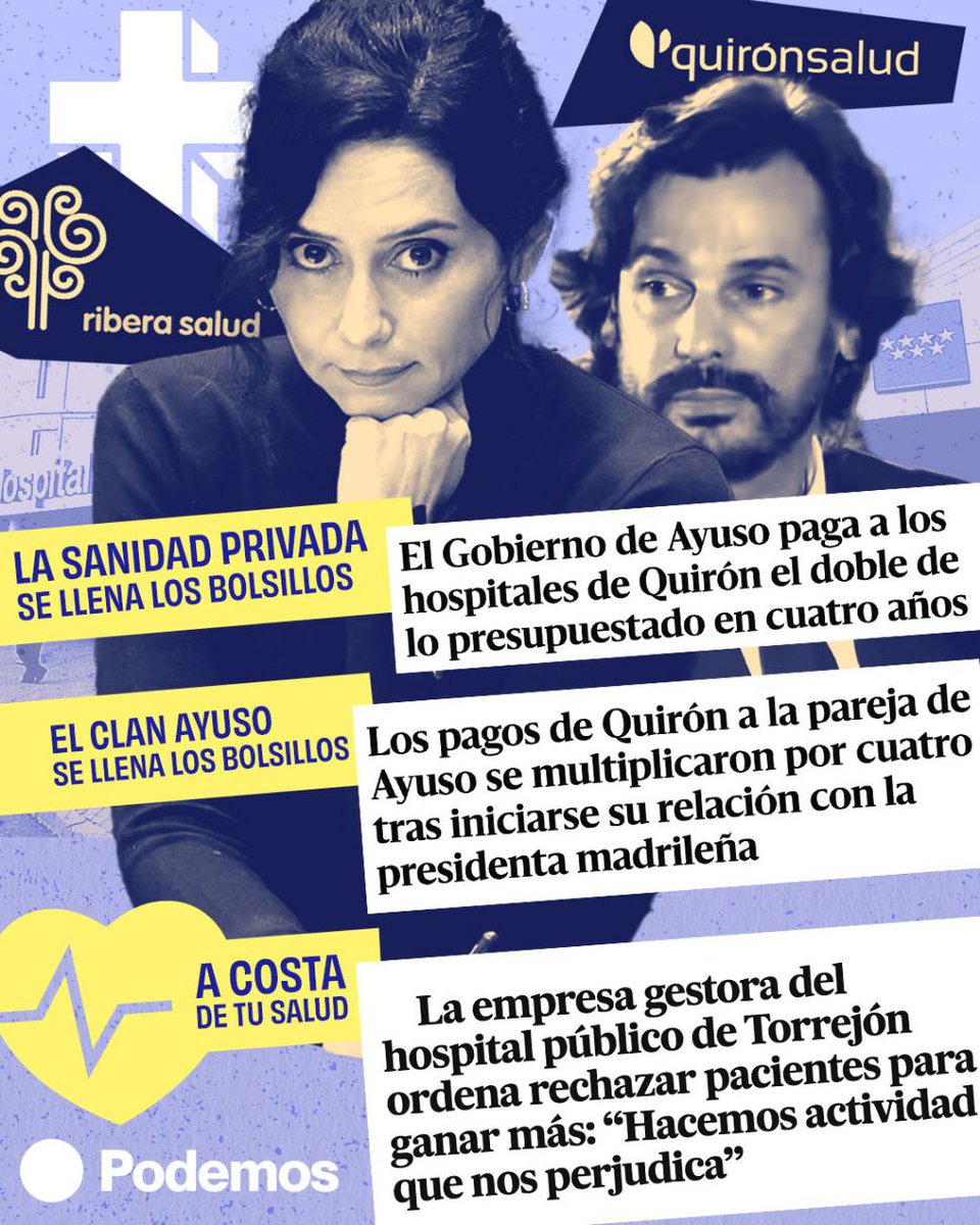El clan Ayuso está dinamitando la sanidad pública para llenarse los bolsillos a costa del sufrimiento de la gente. El Gobierno debe derogar la ley 15/97.