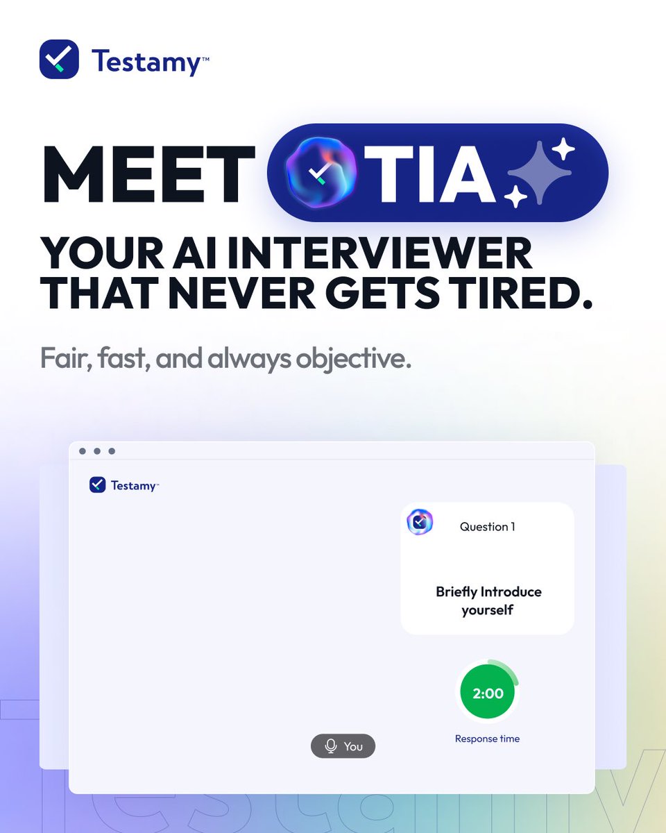 testamyai's tweet photo. TestamyAI handles the interviews and confirms every qualification. Your software interviewer that never gets tired.

#Testamy #AIHiring  #FutureOfWork #HRTech #AutomatedHiring #TalentAcquisition #RecruitmentInnovation #techjobs #finacejobs #healthcarejobs #creatives #TestamyAI https://t.co/L0roeI3NAa