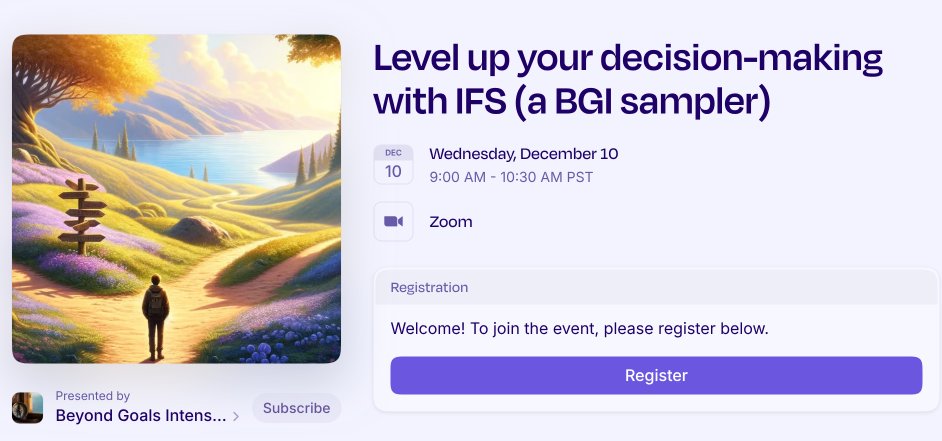 SarahAMcManus's tweet photo. Feeling stuck on a tough decision? Join me &amp; @Benj_Carr for a 90 min mini-workshop on Wed, Dec 10:

Level up your decision-making with IFS!  

It's a preview / sampler of some parts work tools we use in @gobeyondgoals workshops (next ones Jan 3, 4, 10, 11)

(link in next tweet) https://t.co/8NtmUfhJjK