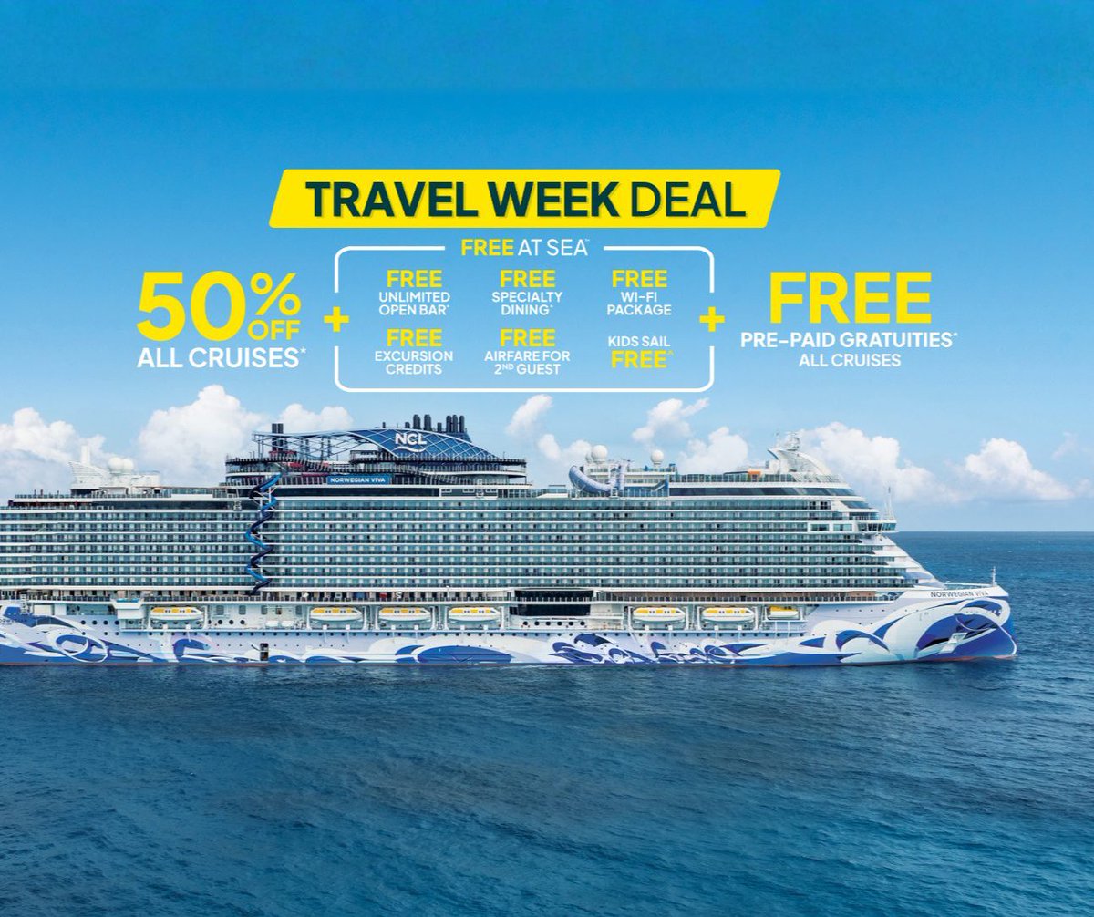Our Travel Week sale is wrapping up, but there’s still time to snag 50% off all cruises, free pre-paid gratuities, free open bar and much more! 🚢

Treat yourself before it's gone: bit.ly/48bG9r1 🚨 
#CruiseNorwegian