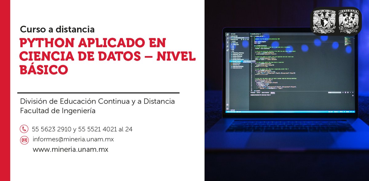 MineriaUNAM's tweet image. Aplica los fundamentos del lenguaje de programación #Python para el análisis y manipulación básica de datos, utilizando entornos interactivos.
📆 Inicio 12 de enero de 2026
💻 Modalidad a distancia
💡 Temario, precio y registro en: ow.ly/To5W50Xyjcr
