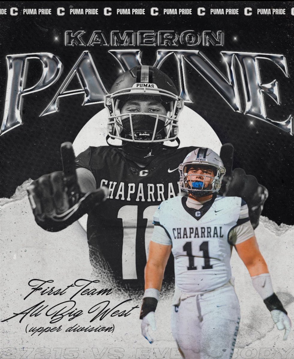 kameronpayne27's tweet photo. Thankful to be named 1st Team All Conference Big West Upper Division! #PumaPRIDE.  @chaparralpumafb @Coach_Ramer @GregBiggins @BrandonHuffman @adamgorney @PGregorian @BlairAngulo @ChadSimmons @TomLuginbill @CoachDeeWR @CoachRexRhino @TheUCReport @JReyes_NP @coach_jpayne https://t.co/RsxyJXDH0a