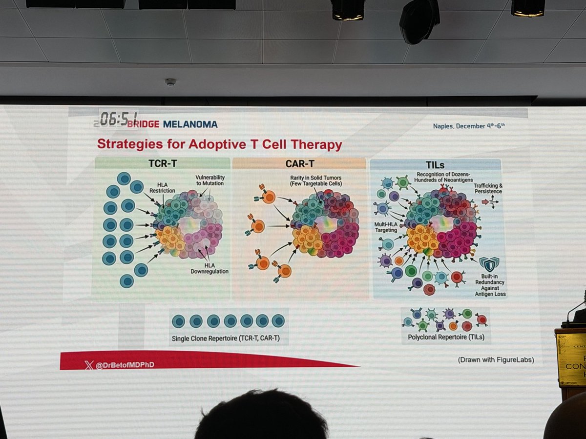 BernardAFox's tweet photo. @DrBetofMDPhD #Melanoma  immunotherapy expert @Stanford gives brilliant defense of TIL vs TCR-T or CAR-T cell therapy/Concept is #TIL are polyclonal and can better deal with variants: see slides/+ patients with CR have 96% 10 yr disease-free survival (NCI Surgery Branch data). https://t.co/Y6sk0JwlMr