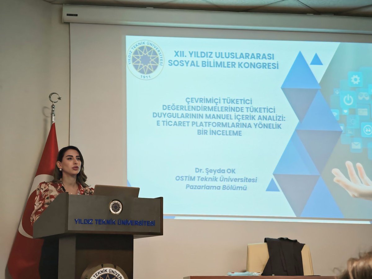 mar_ostimtech's tweet photo. Yıldız Teknik Üniversitesi'nde düzenlenen XII. Yıldız Uluslararası Sosyal Bilimler Kongresi’nde Dr. Arş Gör. Şeyda OK, “Çevrimiçi Tüketici Değerlendirmelerinde Tüketici Duygularının Manuel İçerik Analizi: E Ticaret Platformlarına Yönelik Bir İnceleme” başlıklı bildirisini sundu. https://t.co/IOpcbRWxap