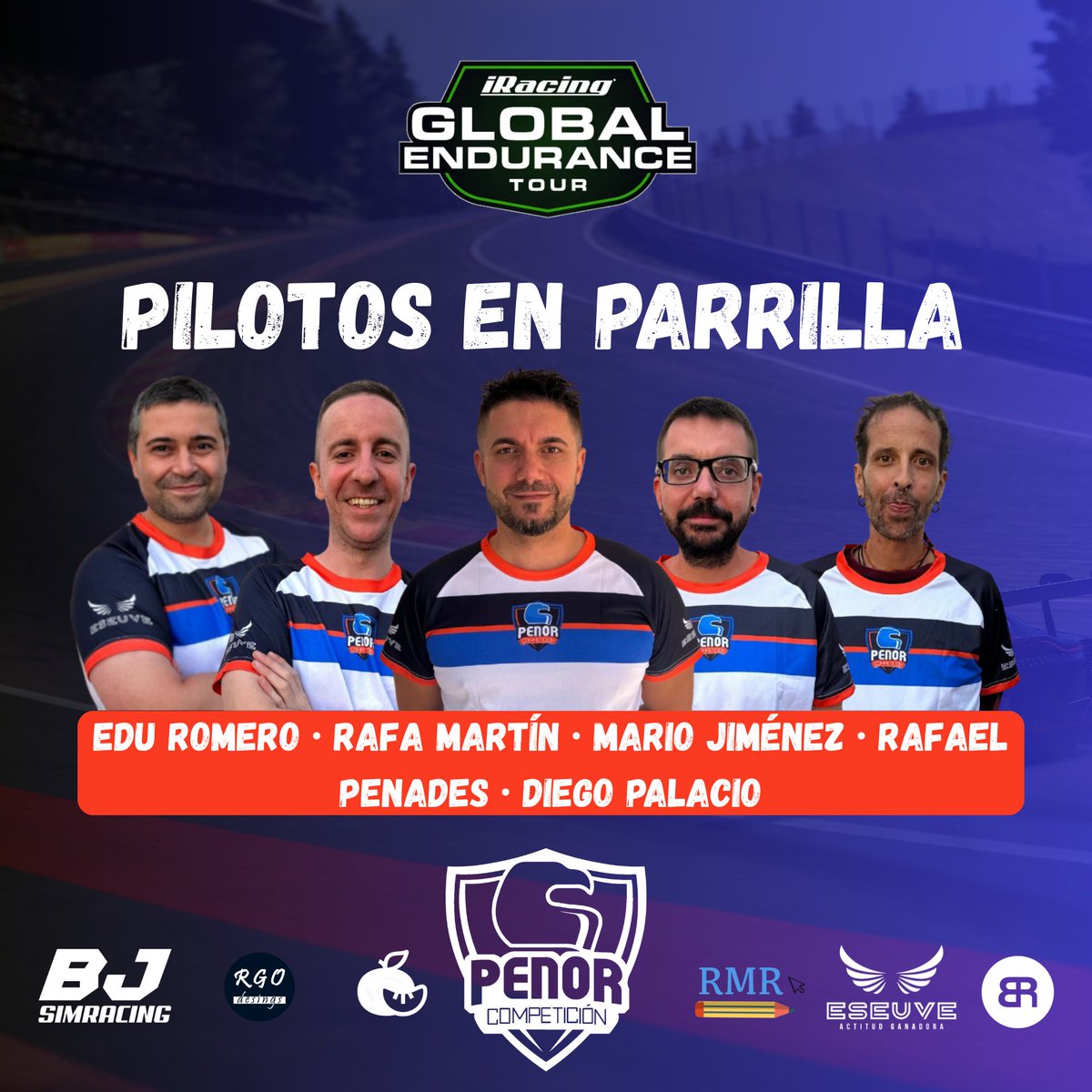 🔥TEAM REVEAL

🏁24h de Spa · Global Endurance Challenge🏁

Presentamos a nuestros gladiadores de la resistencia: 
-<a href="/Mario__1989/">Mario Jiménez</a> 
-Edu Romero
-<a href="/rulezillo/">RuLeZiLLo</a> 
-<a href="/rafetadrums_/">Rafetadrumsracer23</a> 
-<a href="/dellorianes/">Diego</a> 

¡Listos para afrontar las 24 horas más épicas!

🗓️ SÁBADO 6 DIC
⏰ 8:00h

#PenorCompeticion