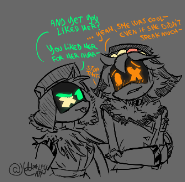 wolfycatt's tweet photo. not kol destroying y with just one phrase 🥀

silly sketch of canon dialogue between these two sillys
Kol and Y
#mdtwt #murderdrones #murderdronesoc https://t.co/XhEhPXODH1