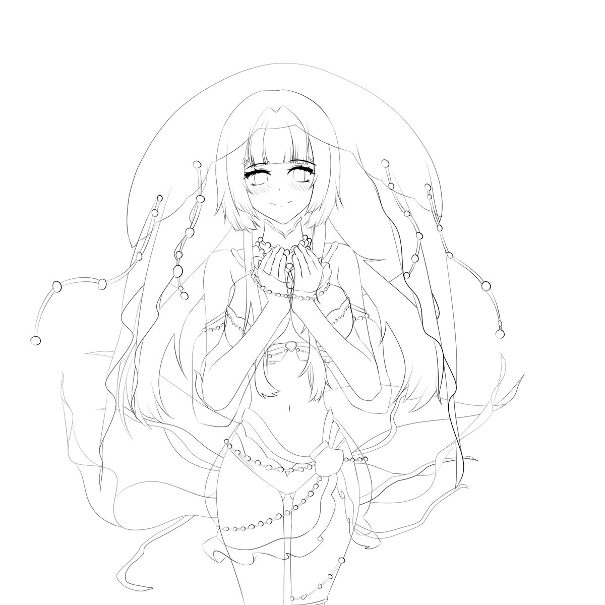 Hiogen1's tweet image. Here is the lineart for my next drawing, congratulating Jellykitsh for her debut!

(Someone save me from exam season hell 😭)