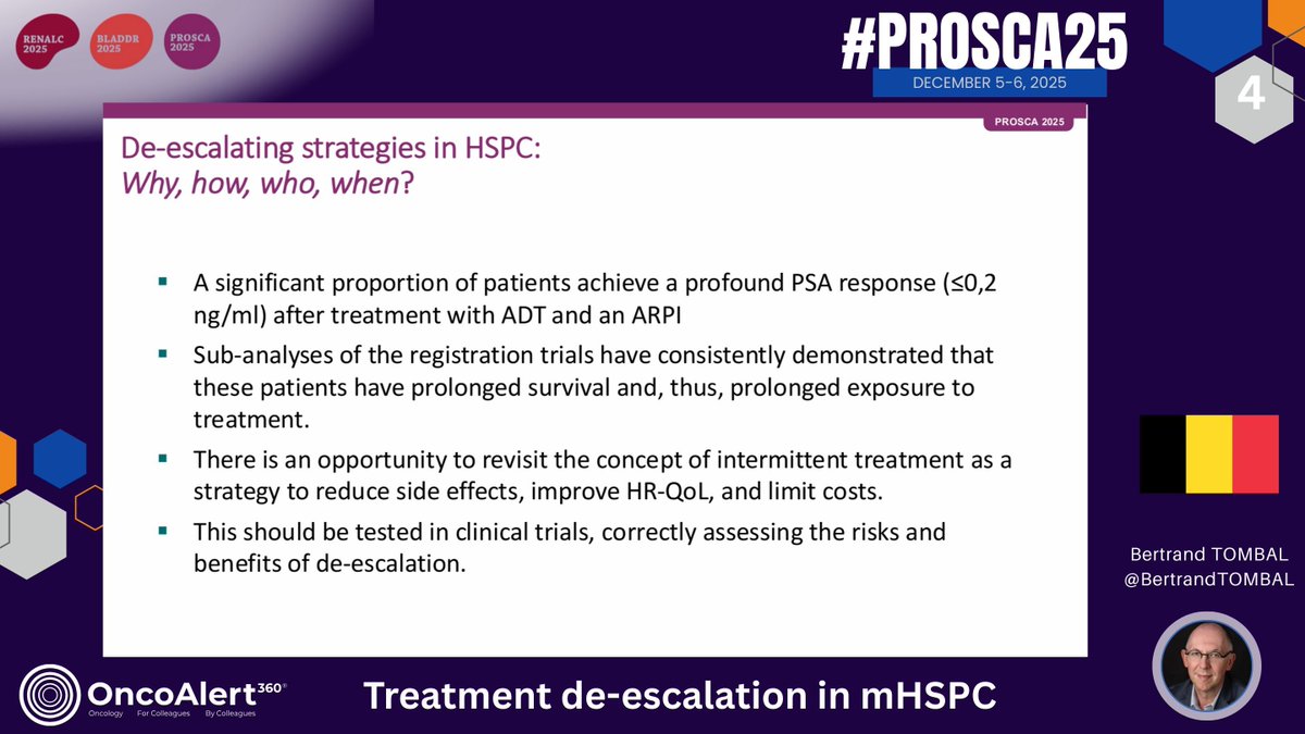 OncoAlert's tweet photo. Day ONE of #PROSCA25
#GlobalForum25 in Portugal 🇵🇹 

Presentation by Bertrand Tombal 🇧🇪 during the Case discussion session: mHSPC Session

Discussing Treatment de-escalation in mHSPC 

In metastatic hormone-sensitive #ProstateCancer , many patients achieve a deep PSA response (≤0.2 ng/mL) with ADT plus an ARPI, and sub-analyses of major trials show these responders often experience prolonged survival—and thus prolonged treatment exposure. This creates a rationale for revisiting intermittent therapy as a de-escalation strategy to reduce side effects, improve quality of life, and lower costs. However, determining why, how, who, and when to de-escalate requires careful evaluation, and such strategies should be validated in well-designed clinical trials that accurately weigh their risks and benefits. 

@mdesantis234
@FontesMario
@fontev1
@Silke_Gillessen
@karolien_goffin
@PGrivasMDPhD
@bkonety
@Uro_Kris
@Dolmos77
@AOmlin
@HenningPlage
@DanieleRaggi83
@Tilki_De
@BertrandTOMBAL
@vandamme_jvd
@roodvdb
@UrsulaVogl
@ZilliThomas 
@nataliagandur
@DrRishabhOnco 
@mirrorsmed