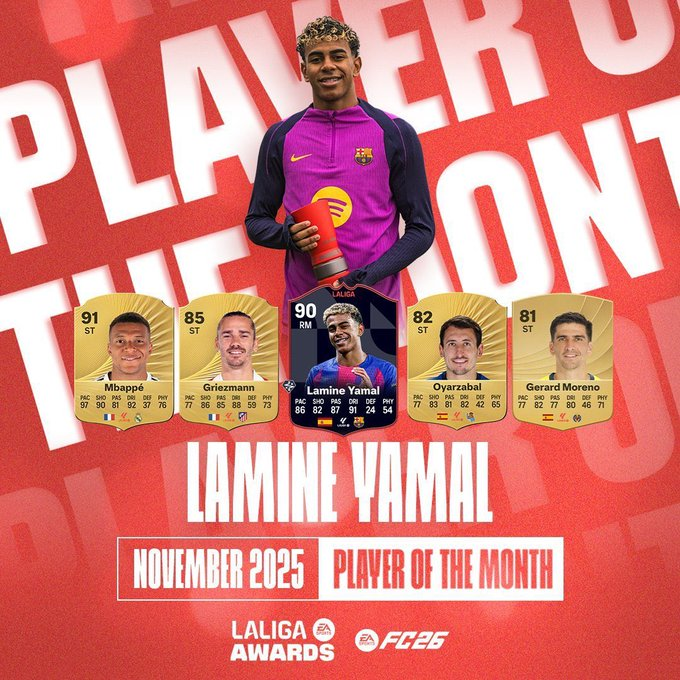 لامين يامال أفضل لاعب في الليغا عن شهر نوفمبر 