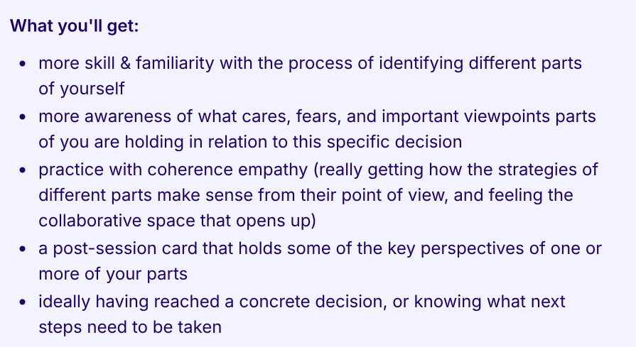 SarahAMcManus's tweet photo. Register here: https://t.co/uJ1ZSlfxmn
(it's pay-what-you-want, suggested $25)

Here's how we'll help you get to know different facets of yourself, to make decisions with more clarity and internal alignment: https://t.co/zR91LJnAmZ