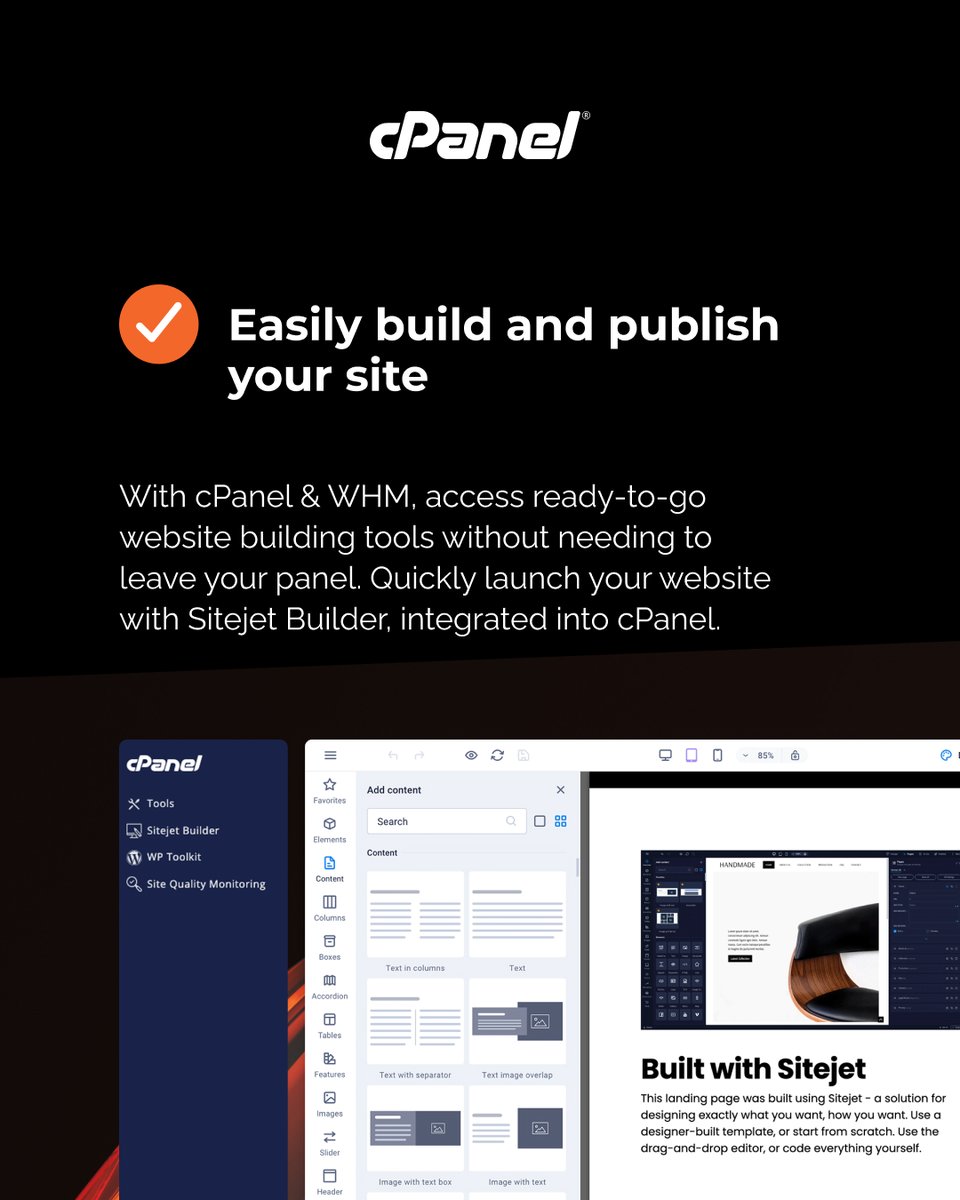 cPanel's tweet image. #CyberWeek reminder!  

Until Dec 10: 
✔️ Save up to $30 on cPanel licenses 
✔️ Get $45 off WP Squared 
Discover what #cPanel can do: build with Sitejet Builder, automate with @whmcs, schedule socials with @SocialBeeHQ, and more! 

Get the offer now: b.link/cnknz02d