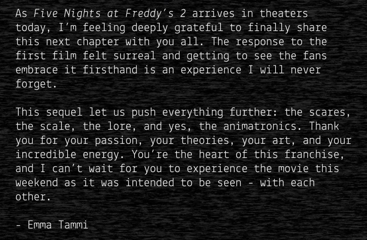 taylcres's tweet image. a note from emma tammi about fnaf 2 🥹