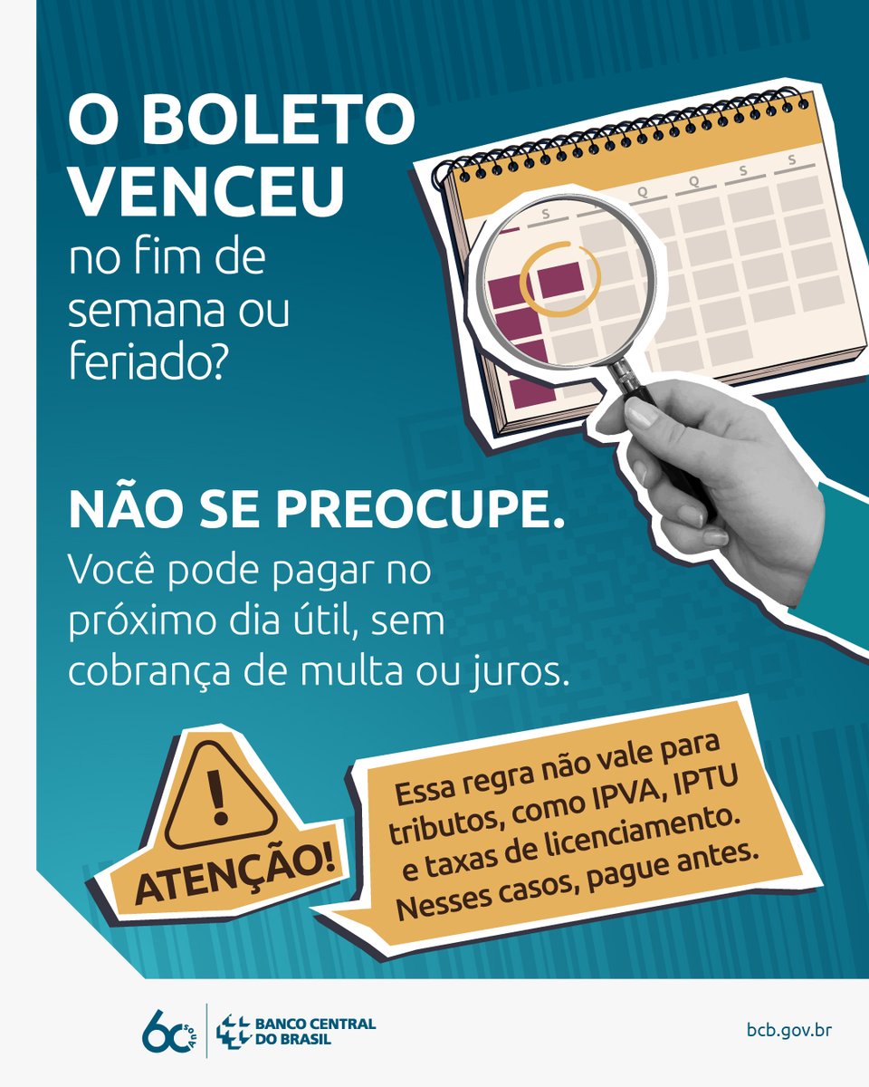 BancoCentralBR's tweet photo. Organize seus pagamentos e, quando houver a opção, aproveite o Pix para pagar boletos mesmo em finais de semana ou feriados. Planejar com antecedência ajuda a evitar atrasos, multas e juros desnecessários, garantindo mais controle sobre suas finanças.
#BC #BCteExplica #EducaçãoFinanceira #DicaFinanceira #Boleto