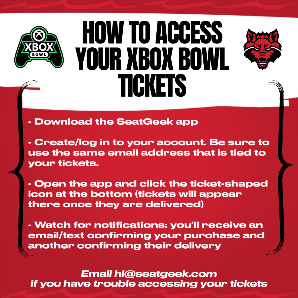 GET 'EM NOW
You can grab your tickets to cheer on the Red Wolves in the XBox Bowl on Dec. 18 by going to AStateRedWolves.com/XboxBowlTix. 

Once you get them, here are the instructions on accessing your tickets through SeatGeek. #WolvesUp