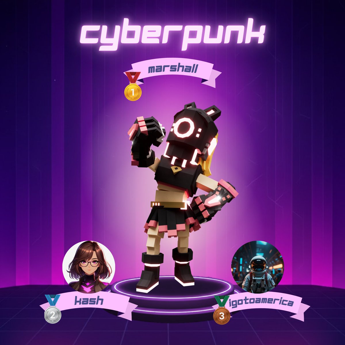 #SandFam
The Cyberpunk Fashion Show was a blast!
Once again, our artists stunned us with their creativity and vision.
The ranking:
🥇 <a href="/WhiteHairDomain/">Marshall</a>
🥈 <a href="/Kash_voxels/">kash</a>
🥉 <a href="/igotoamerica/">igotoamerica</a>
⭐ <a href="/Aikiman4/">Aikiman.moca</a>
Thanks to all artists and judges!
<a href="/TheSandboxGame/">The Sandbox</a> <a href="/TheSandboxDAO/">The Sandbox DAO</a> <a href="/TSBCreators/">The Sandbox Creators</a>