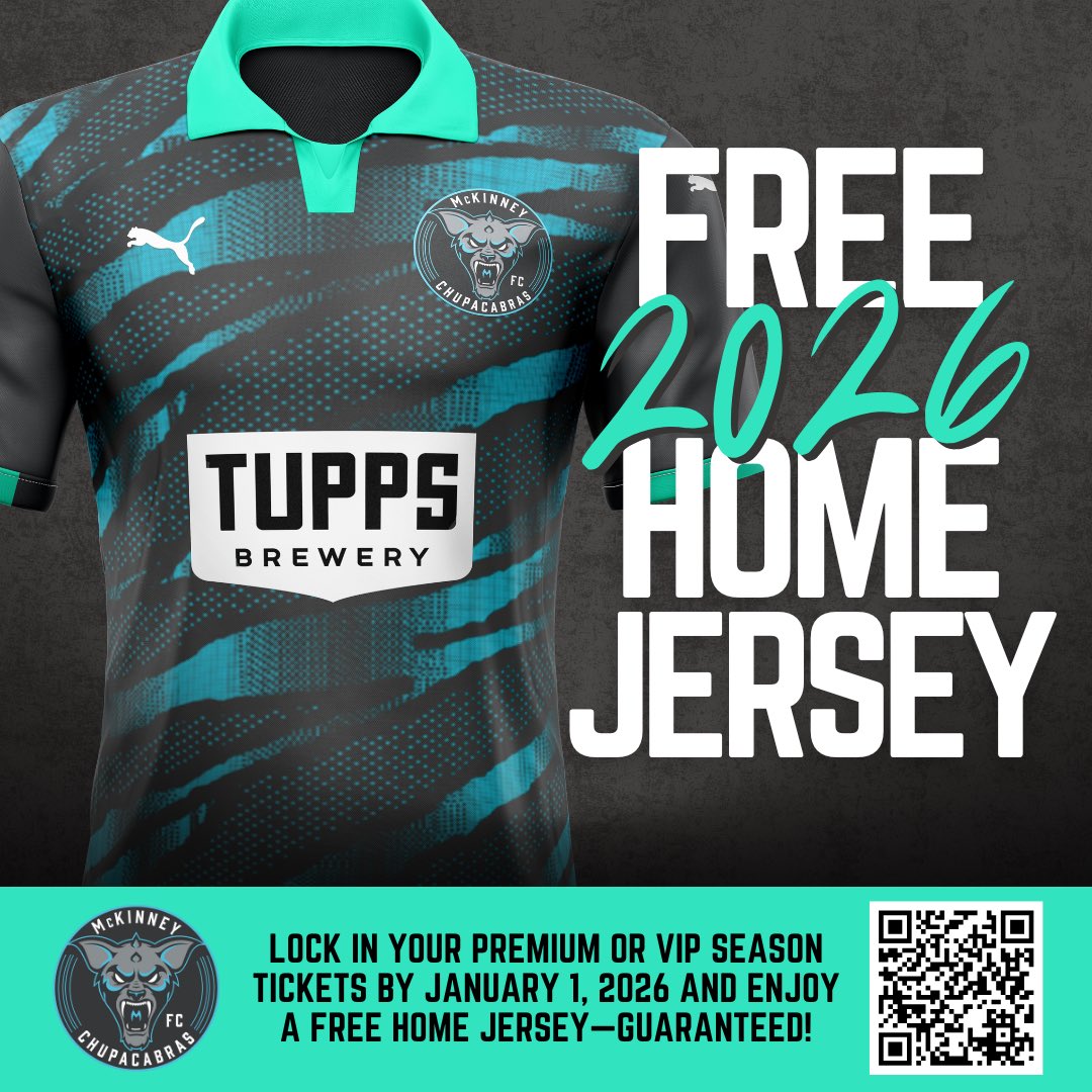 The 2026 look is HERE—and it could be yours free. 🤩 Lock in Premium or VIP Season Tickets by Jan 1 and claim your complimentary home kit. ⚽💥
🎟️ mckinneychupacabras.com/season-tickets