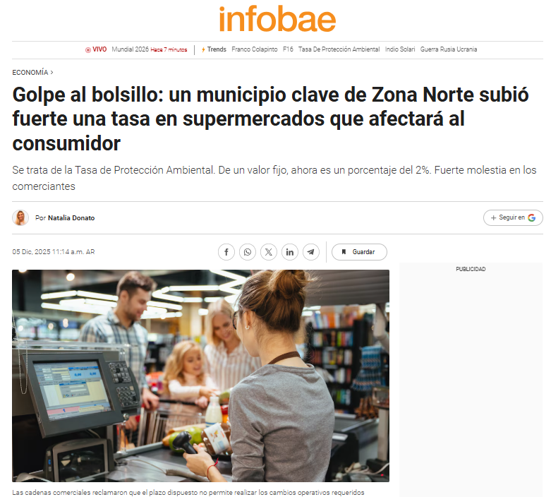 En Pilar, el Intendente De Achaval subió la "tasa ambiental" que te cobran por comprar en un supermercado. Pasó de $80/$100 de tasa a una alicuota del 2% sobre la compra.

Ponele que haces una compra de $200.000...te sacan $4.000. Una locura total. Así te encarece el costo de