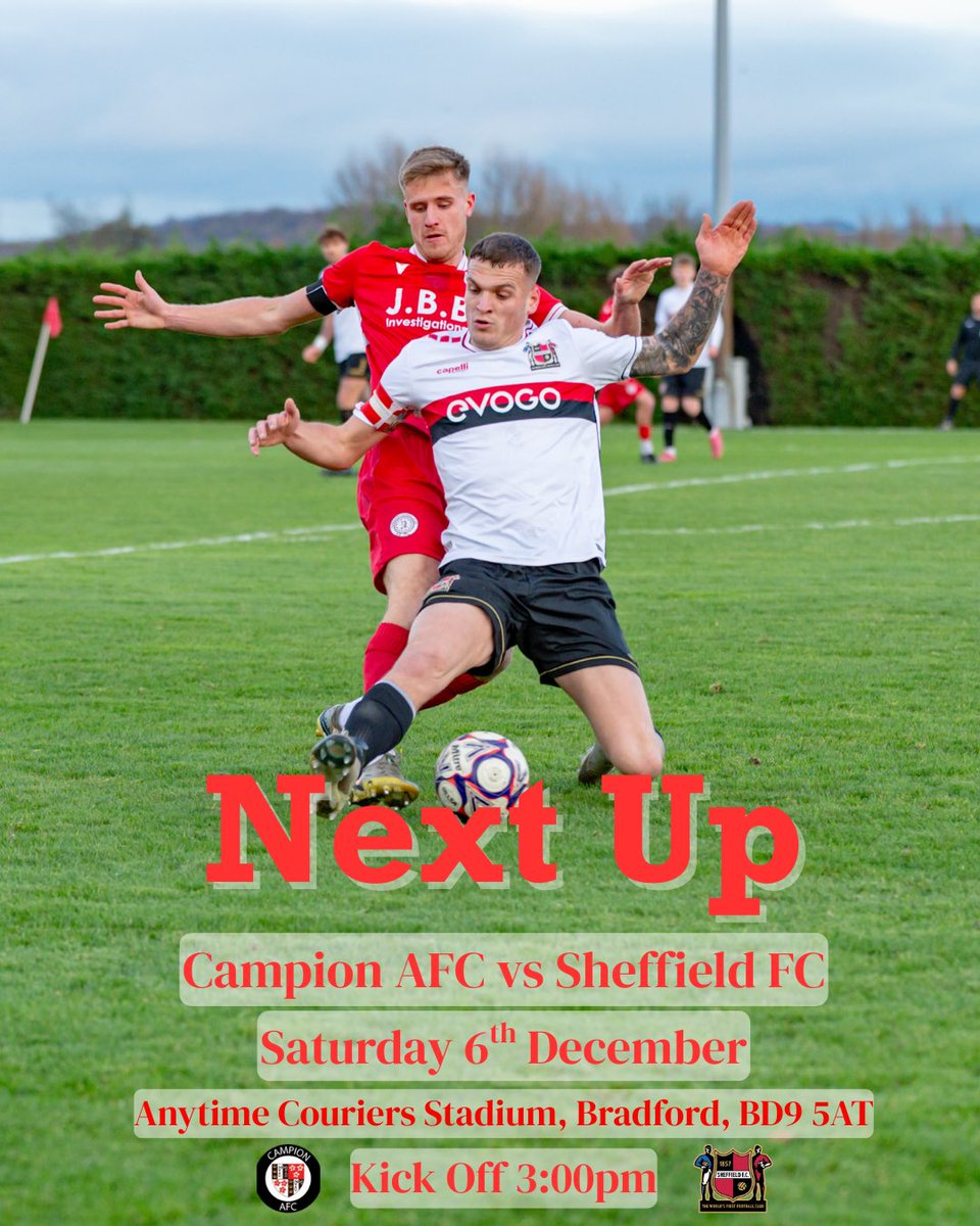 We travel to <a href="/CampionAFC/">Campion AFC 🔴⚫</a> tomorrow for a 3pm kick off where we are hoping to carry on our fantastic run of form going into a run of 3 straight home league games!

📍 Scotchman Road, BD9 5AT
🎟 Adults: £7
🎟 Concessions: £3
👦 U12s FREE with a paying adult!

#worldsfirst #uptheclub