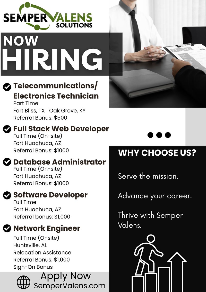 SemperValens's tweet photo. If you’re driven by innovation and ready to support impactful missions, we’d love to connect. At SVS, we foster a collaborative, growth-focused environment where your expertise can make a real difference.

Apply now! https://t.co/0eBuKdjvY0 https://t.co/fePlGl3Ejm