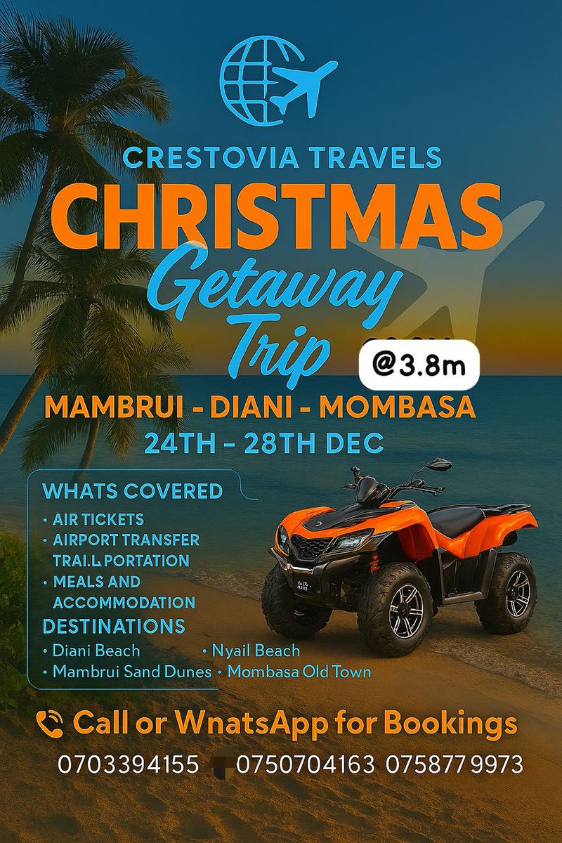 crestoviatravel's tweet photo. Adventure waits for no one! 🚀
Secure your slot today and experience magic with Crestovia Travels.
#TravelGoals #ExploreAfrica #Diani https://t.co/BRxaoYo9KV