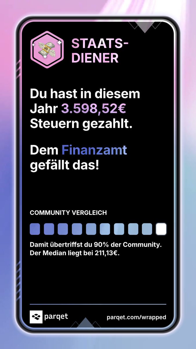 Das Jahr war doch bisher ganz erfolgreich. Selbst das Finanzamt freut sich 😅 
Und dabei sind es noch ein paar Tage bis zum Jahreswechsel 🥳 

Und wie schaut es bei euch aus?
#parqetwrapped