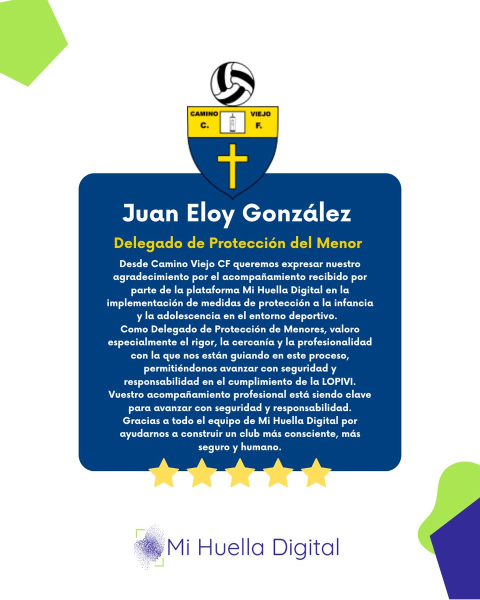 ⭐️Lo que opinan de nosotros

“Rigor, cercanía y profesionalidad” - así valora <a href="/caminoviejo_cf/">Camino Viejo CF</a> nuestro acompañamiento en la implementación de la #LOPIVI.

Y testimonios así nos impulsan a seguir construyendo un deporte más consciente y humano. 💙⚽

#ProtecciónMenor #DeporteBase