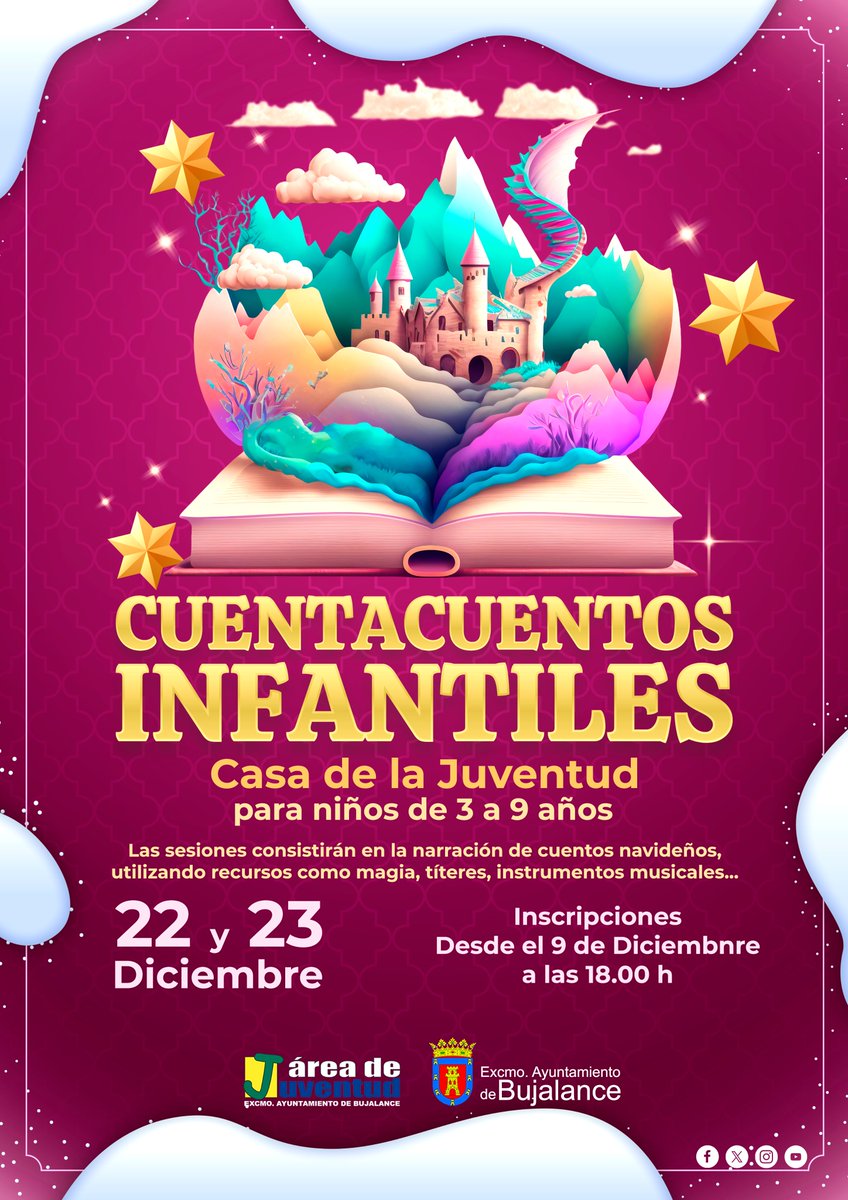 Cuentacuentos Infantiles en la Casa de la Juventud, una actividad especial para niños y niñas de 3 a 9 años.

📅 22 y 23 de diciembre
📝 Inscripciones a partir del 9 de diciembre a las 18:00 h
#Bujalance #NavidadBujalance2025