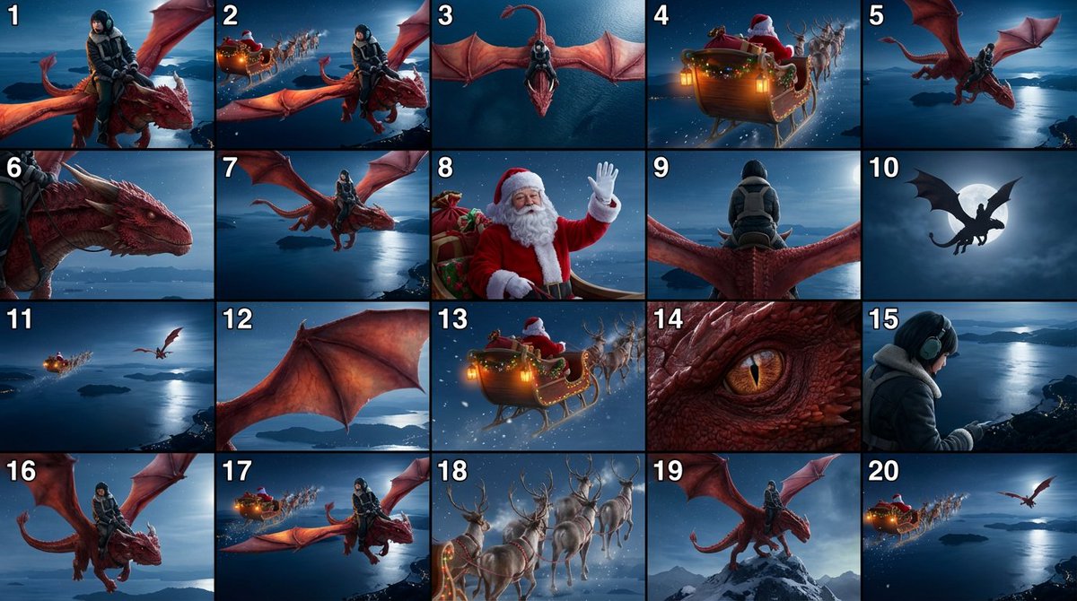 <a href="/neco1751662/">neco</a> "入力画像に描かれているモチーフを読み取りマルチアングルショットを生成し、画面を４×５に区切った20個のシーンを作ってください。各シーンの左上に通し番号を１から順に表示してください"

これだー！ばななproは裏でGeminiが動いているので、AI自身に絵を解釈させればできました！