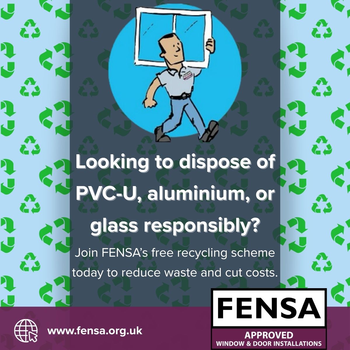 With FENSA's free recycling scheme you can dispose of PVC-U, aluminium, and glass responsibly. Be a part of the mission to reduce landfill and showcase your commitment to a cleaner future.

ow.ly/ZMFC50XwOoE

#FENSA #Recycling #SustainableInstallations