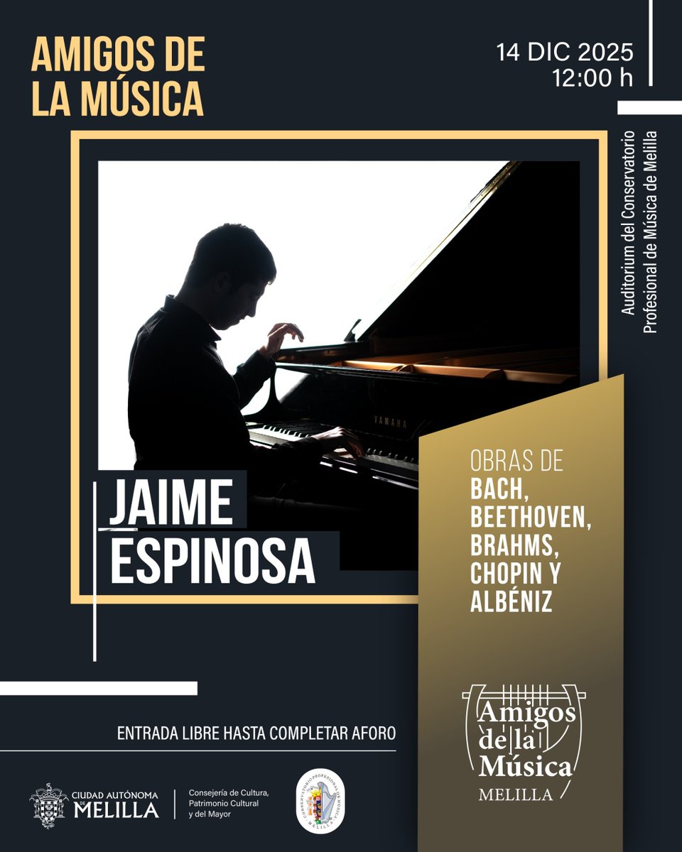 RTVEMelilla's tweet photo. El pianista Jaime Espinosa ofrece el próximo concierto de Amigos de la Música el 14 de diciembre en el Auditorio del @ConserMelilla. https://t.co/QHkTu0V0HX